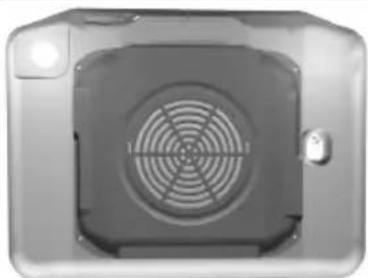 Top-down view of a gray electronic device with a circular vent grille and mounting bracket (no visible text or symbols)