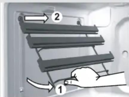Diagram showing a hand holding a ladder inside a refrigerator with labeled parts 1 and 2.