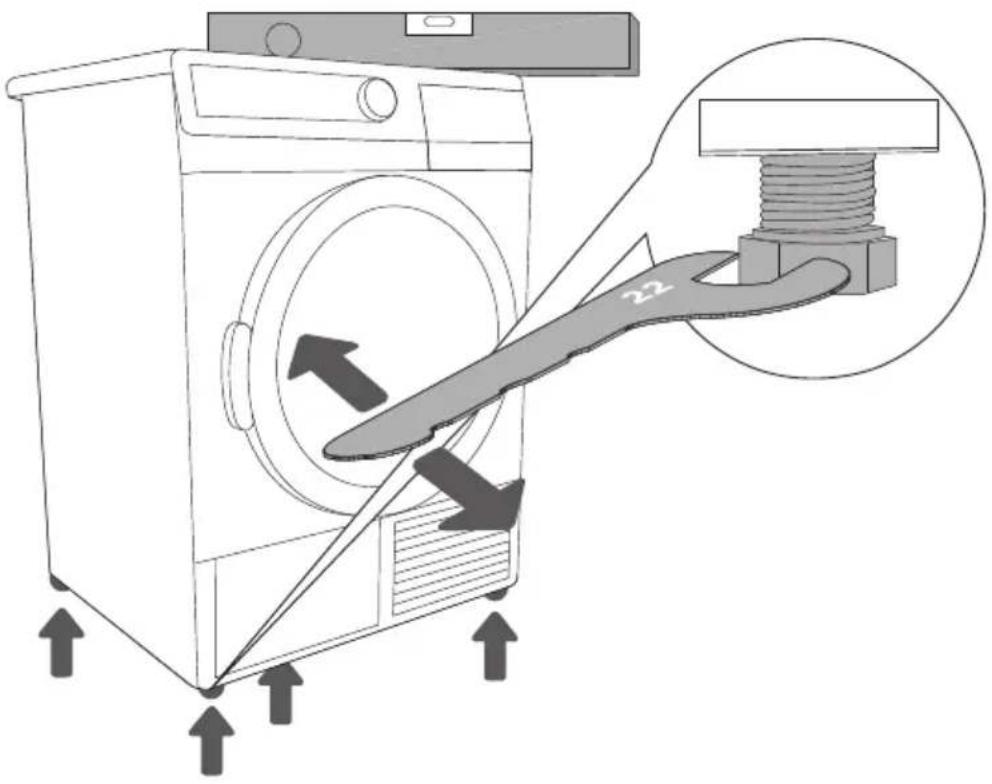 Diagram illustrating a washing machine with a wrench and a magnified inset showing the wrench being inserted into a nut.