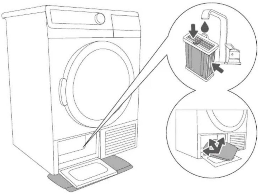 Diagram illustrating a washing machine with a close-up of its internal components, showing airflow direction and component placement.