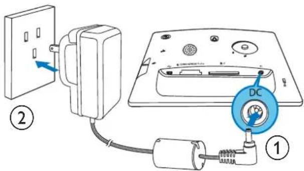 Diagram showing installation of a wall-mounted device with labeled components and a DC power button indicator.
