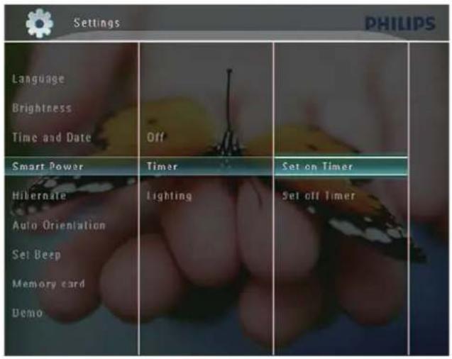 Settings PHILIPS Language Brightness Time and Date Off Smart Power Timer Set on Timer Hibernate Auto Orientation Lighting Set off Timer Set Beep Memory card Demo