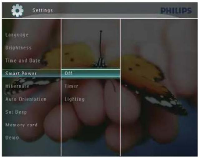 Settings PHILIPS Language Brightness Time and Date Smart Power Off Hibernate Timer Auto Orientation Lighting Set Deep Memory card Demo