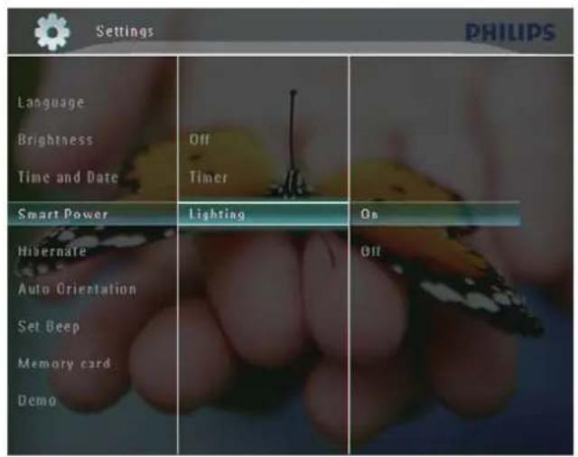 Settings PHILIPS Language Brightness Off Time and Date Timer Smart Power Lighting On Hibernate Auto Orientation Off Set Beep Memory card Demo