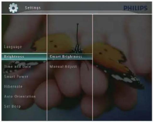 Settings, PHILIPS, Language, Brightness, Smart Brightness, Time and Date, Smart Power, Hibernate, Auto Orientation, Set Beep, Manual Adjust