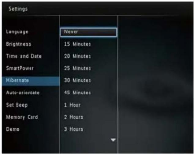 Settings Language Brightness Time and Date SmartPower Hibernate Auto-orientate Set Beep Memory Card Demo Never 15 Minutes 20 Minutes 25 Minutes 30 Minutes 45 Minutes 1 Hour 2 Hours 3 Hours
