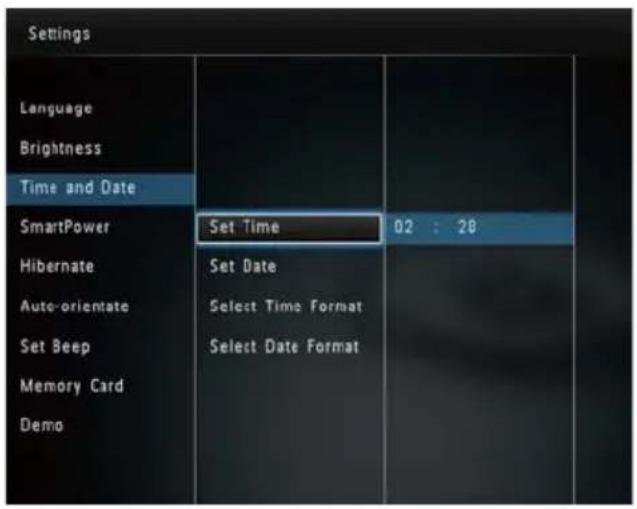 Settings Language Brightness Time and Date SmartPower Hibernate Auto-orientate Set Beep Memory Card Demo Set Time 02 : 28 Set Date Select Time Format Select Date Format