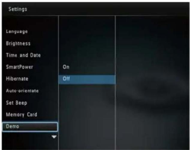 Settings Language Brightness Time and Date SmartPower Hibernate Auto-orientate Set Beep Memory Card Demo