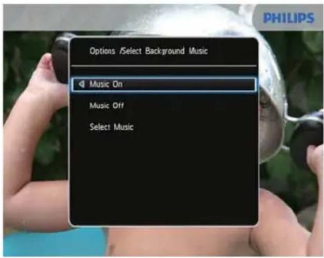 Options / Select Background Music Music On Music Off Select Music