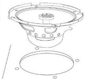Technical line drawing of a speaker component with mounting holes (no text or symbols)