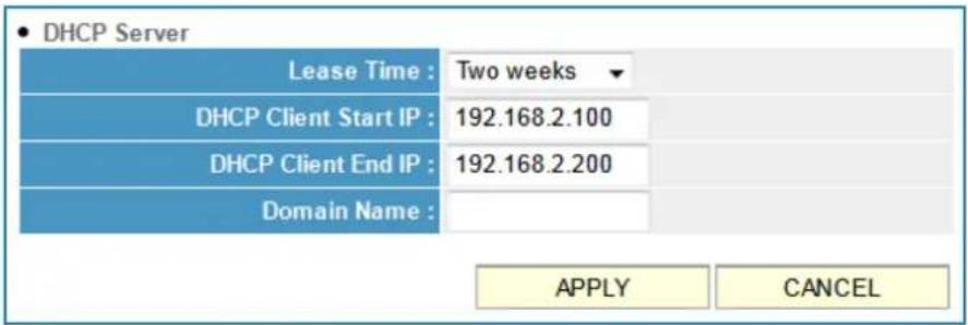 DHCP Server Lease Time : Two weeks DHCP Client Start IP : 192.168.2.100 DHCP Client End IP : 192.168.2.200 Domain Name : APPLY CANCEL