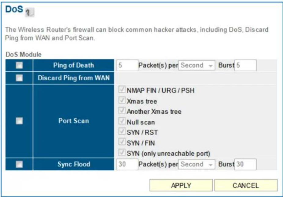 DoS ? The Wireless Router's firewall can block common hacker attacks, including DoS, Discard Ping from WAN and Port Scan. DoS Module Ping of Death 5 Packet(s) per Second Burst 5 Discard Ping from WAN Port Scan ✓ NMAP FIN / URG / PSH ✓ Xmas tree ✓ Another Xmas tree ✓ Null scan ✓ SYN / RST ✓ SYN / FIN ✓ SYN (only unreachable port) Sync Flood 30 Packet(s) per Second Burst 30 APPLY CANCEL