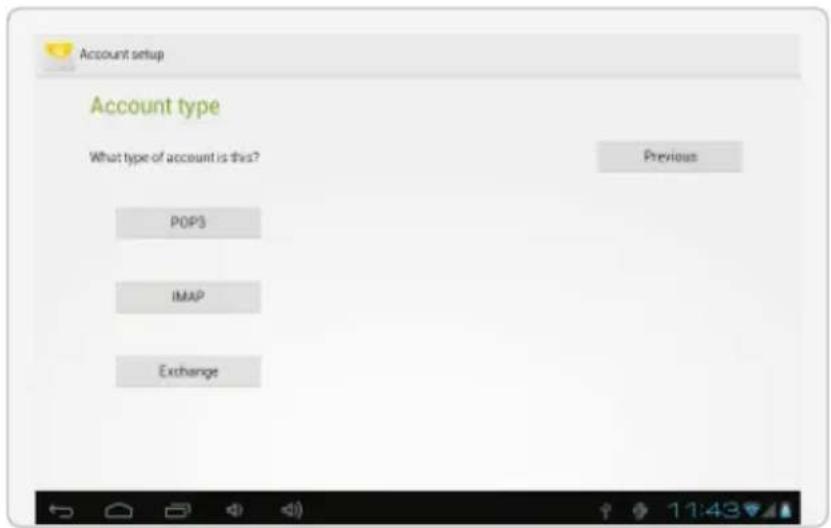 Account setup Account type What type of account is this? Previous POP3 IMAP Exchange