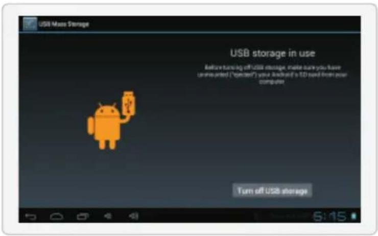 USB Mass Storage USB storage in use Before turning off USB storage, make sure you have unmounted ("option") your Android's ED card from your computer Turn off USB storage