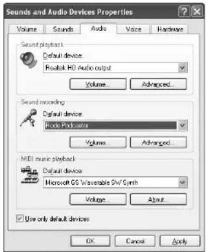 Sounds and Audio Devices Properties Volume Sounds Audio Voice Hardware Sound playback Default device: Realtek H0 Audio output Volume... Advanced... Sound recording Default device: Route Podcaster Volumes Advanced... MIDI music playback Default device: Microsoft GS Wavetable SW Synth Volume... About... Use only default devices OK Cancel Apply