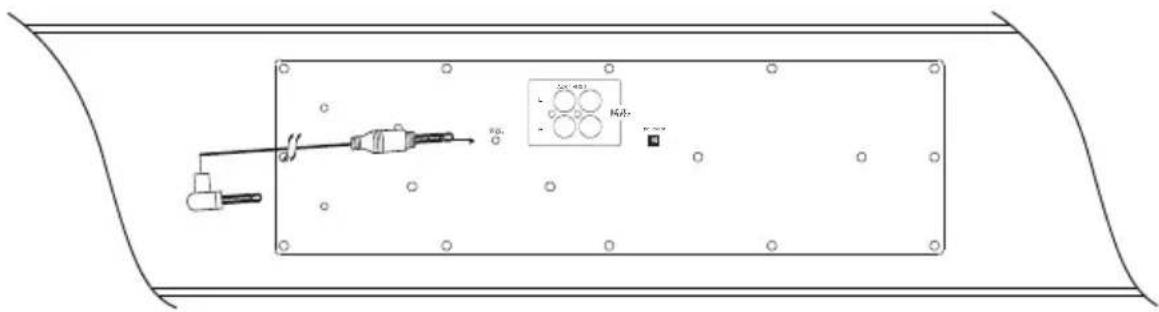 Technical diagram showing a device with labeled components and a control panel with circular indicators and a magnified inset.