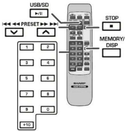 USB/SD PRESET STOP MEMORY/ DISP 1 2 3 4 5 6 7 8 9 0 +10 SHARP