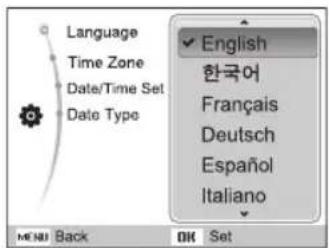 Language Time Zone Date/Time Set Date Type English 한국어 Français Deutsch Español Italiano MENU Back OK Set