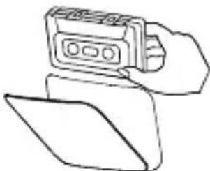 Line drawing of a hand holding a cassette tape over a folder (no text or symbols)