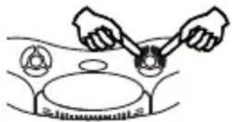 Illustration of hands using a tool to switch a circular component on a stovetop (no text or symbols)