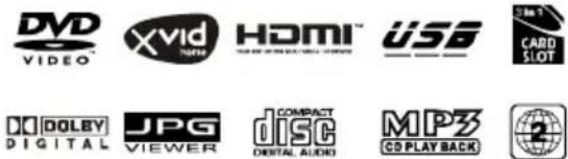 DVD VIDEO XVID HDMI™ USB CARD SLOT DOLBY DIGITAL JPG VIEWER COMPACT DISC DIGITAL AUDIO MP3 CD PLAYBACK 2