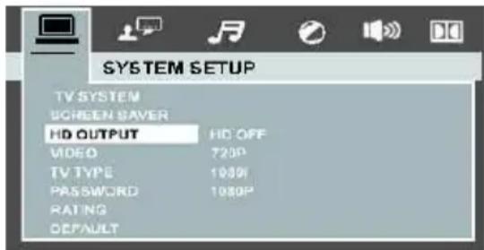 SYSTEM SETUP TV SYSTEM SCREEN SAVER HD OUTPUT HD OFF VIDEO 723P TV TYPE 1989P PASSWORD 1989P RATING DEFAULT