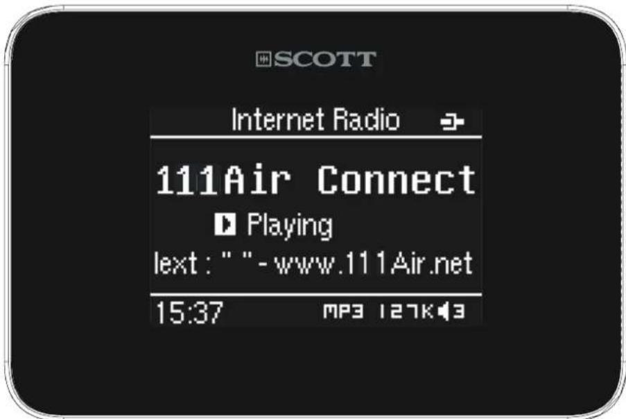 SCOTT Internet Radio 111Air Connect Playing text: " " - www.111Air.net 15:37 MP3 127K