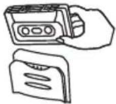 Line drawing of a hand holding a cassette tape and a closed folder (no text or symbols)