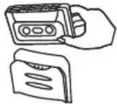 Line drawing of a hand holding a cassette tape and a closed wallet (no text or symbols)
