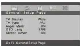 Page de configuration générale Affichage TV Large Type TV PAL Marque d'angle ACTIVÉ Langue OSD ANG Économiseur d'écran ACTIVÉ Aller à la page de configuration générale