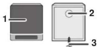 Diagram showing two labeled components: a gray device with a handle and a white device with a circular hole, both without any text or symbols.
