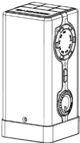 Line drawing of a rectangular electronic device with a circular dial and two side rings (no text or symbols)