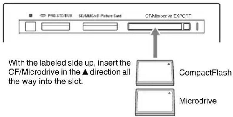 PRO STD/DUO SD/MMCxD-Picture Card CF/Microdrive EXPORT With the labeled side up, insert the CF/Microdrive in the ▲ direction all the way into the slot. CompactFlash Microdrive