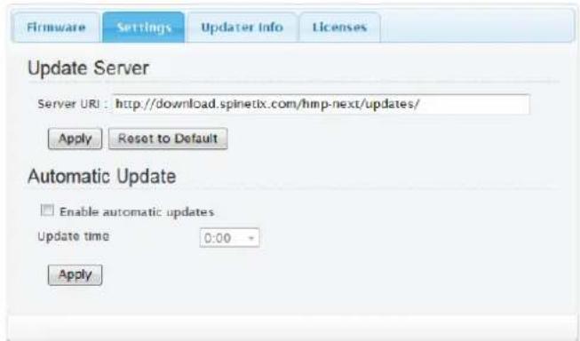 Firmware Settings Updater Info Licenses Update Server Server URI: http://download.spinetix.com/hmp-next/updates/ Apply Reset to Default Automatic Update Enable automatic updates Update time 0:00 - Apply