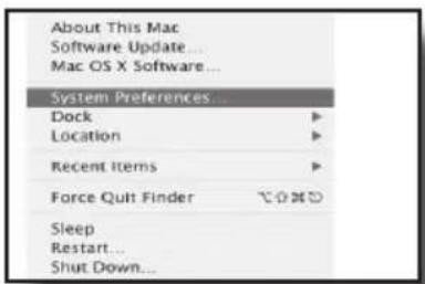 About This Mac Software Update... Mac OS X Software... System Preferences... Dock Location Recent Items Force Quit Finder Sleep Restart... Shut Down...