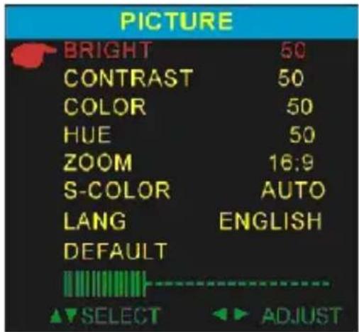PICTURE BRIGHT 50 CONTRAST 50 COLOR 50 HUE 50 ZOOM 16:9 S-COLOR AUTO LANG ENGLISH DEFAULT SELECT ADJUST