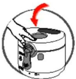 Diagram showing a hand operating a device with labeled parts and a red arrow indicating rotation or change.