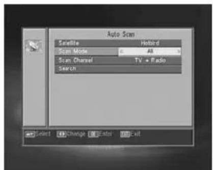Auto Scan Satellite Hobbird Scan Mode All Scan Channel TV + Radio Search Select Change Enter Exit