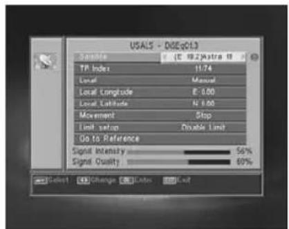 USALS - DQEQ013 Signal ID: E 19.2 (Astra IR) TP Index: 11.74 Local: Manual Local Longitude: 0.00 Local Latitude: 0.00 Movement: Stop Limit setting: Double Limit Go to Reference Signal Intensity: 56% Signal Quality: 60%