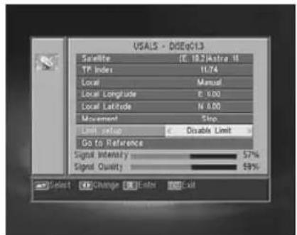 USALS - DCEqG13 Satellite (E 10.2)Astra II TP Index 11/74 Local Manual Local Longitude R 0.00 Local Latitude N 0.00 Movement Stop Limit value c Disable Limit Go to Reference Signal Intensity 57% Signal Quality 59% Select Change Enter Exit