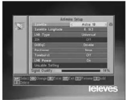 Antenna Setup Satellite Astra 10 Satellite Longitude E: 19.2 LNB Type Universal ZVR Off GdIEqC Durable Positioner None Transburst Off LNB Power On Unstable Setting Signal Quality 14% Select Change Enter Exit Resume Add Delete