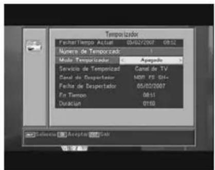 Temporizador Fecha:Tempor Actual 03/02/2007 09:52 Número de Tempor cada: 1 Mode: Temporizador Apoyoado Servicio de Temporidad Canal de TV Canal de Despertador NORM PS-04- Fecha de Despertador 05/01/2007 En Timon 08:51 Duración 01:00 Selecto Accepta Del