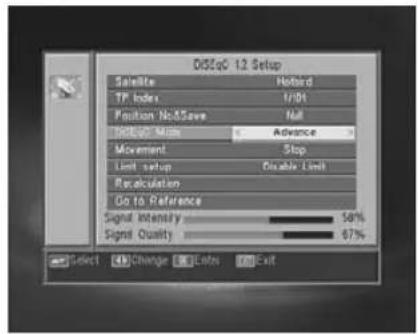 DSSQG 12 Setup Satellite Hobird TP Index 1/101 Position No&Save Hall DSSQG Main Advance Movement Stop Limit setup Disable Limit Recalculation Go to Reference Signal Intensity 58% Signal Quality 67% Select Change Colors Exit