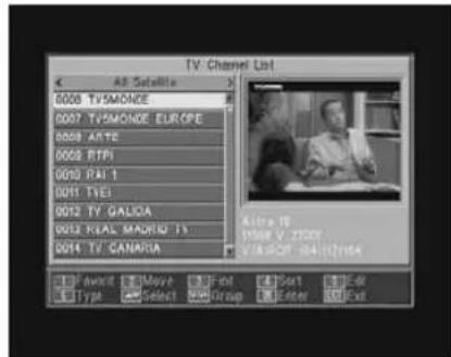 TV Channel List All Satellite 0008 TVSMONDE 0007 TVSMONDE EUROPE 0008 ARTE 0002 RTPI 0010 RAI 1 0011 TIEL 0012 TV GALICA 0013 REAL MADRID 11 0014 TV CANARIA Astra 19 1998 V: 2700Y V/A/SOP 04-11/164 Avonit Move Fod Part 46 Type Select Group Enter Exit