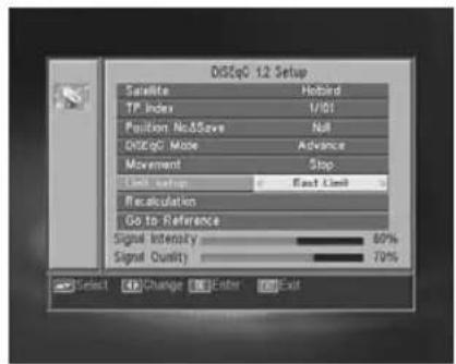 DSSqG 12 Setup Satellite Hobbird TP Index I/101 Position No&Save N/A DSSqG Mode Advance Movement Stop Limit setup East Limit Recalculation Go to-Reference Signal Intensity 80% Signal Quality 70% Select Change Enter Exit