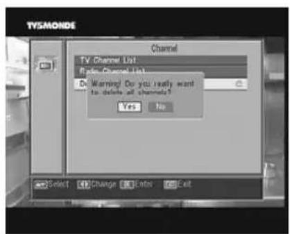 TV:SMONDE Channel TV Channel List Radio Channel List Do Warning? Do you really want to delete all channels? Yes No Select Change Cates Exit