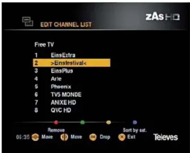 EDIT CHANNEL LIST zAsHD Free TV 1 EinsExtra 2 >Einstestival< 3 EinsPlus 4 Arle 5 Phoenix 6 TV5 MONDE 7 ANIXE HD 8 QVC HD 06:35 Remove Move Move ON Drop Sort by sat. Exit Televes