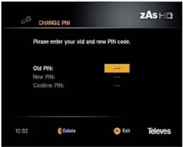 CHANGE PIN zAsHD Please enter your old and new PIN code. Old PIN: New PIN: Confirm PIN: 12:32 Delete Exit Televes