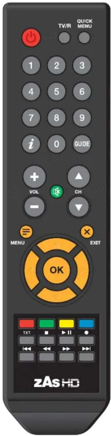 TV/R QUICK MENU 1 2 3 4 5 6 7 8 9 i 0 GUIDE + VOL CH - MENU EXIT OK ZAS HD