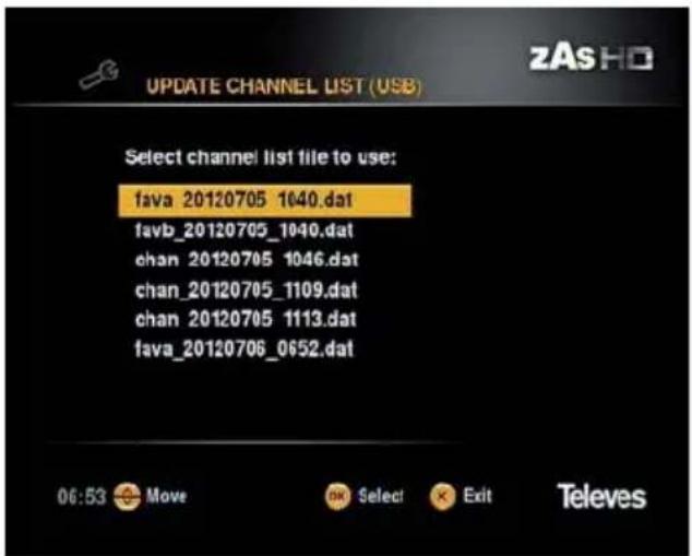 UPDATE CHANNEL LIST (USB) Select channel list file to use: fava 20120705 1040.dat favb_20120705_1040.dat chan 20120705 1046.dat chan_20120705_1109.dat chan 20120705 1113.dat fava_20120706_0652.dat 06:53 Move OK Select Exit Televes